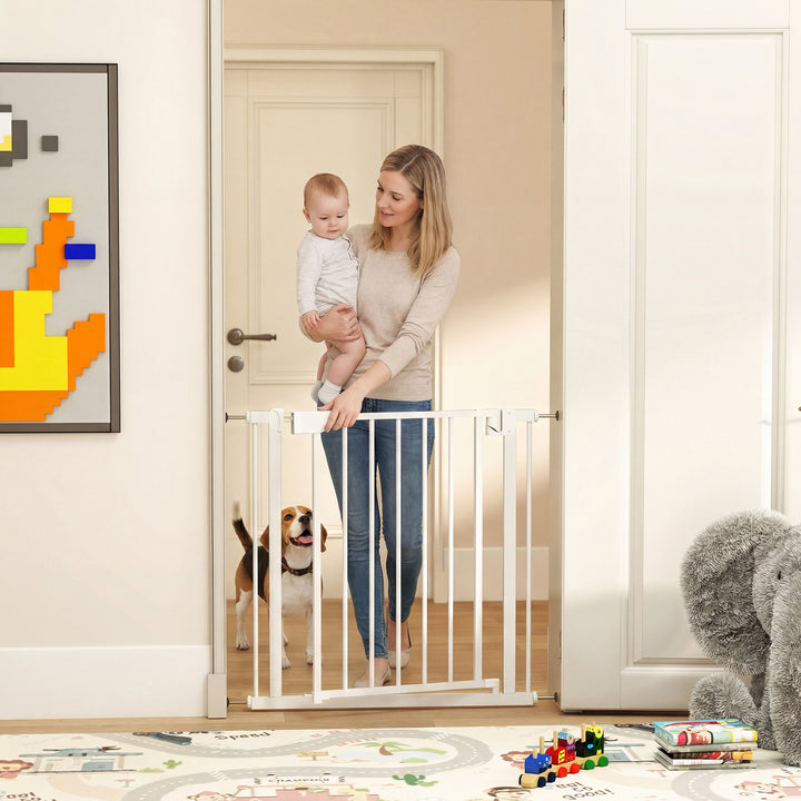 Barreira de Segurança para Crianças e Cães Largura 76-82 cm Porta para Cães Bloqueio Duplo Fecho Automático Abertura em Dois Sentidos para Portas Escadas Montagem por Pressão Branco