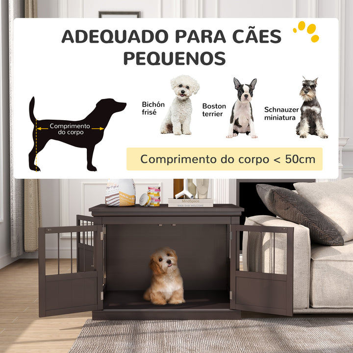 Gaiola para Cães com Mesa Auxiliar Casa para Animais de Estimação Moderna com 3 Portas Francês e Fecho Magnético para Cães Pequenos 78x53x59,3 cm Castanho