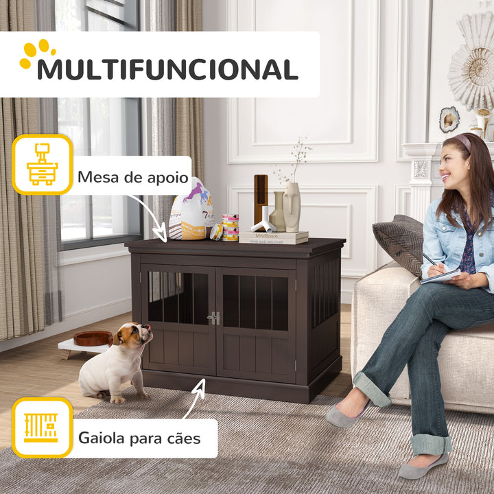 Gaiola para Cães com Mesa Auxiliar Casa para Animais de Estimação Moderna com 3 Portas Francês e Fecho Magnético para Cães Pequenos 78x53x59,3 cm Castanho