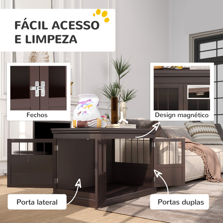 Gaiola para Cães com Mesa Auxiliar Casa para Animais de Estimação Moderna com 3 Portas Francês e Fecho Magnético para Cães Pequenos 78x53x59,3 cm Castanho