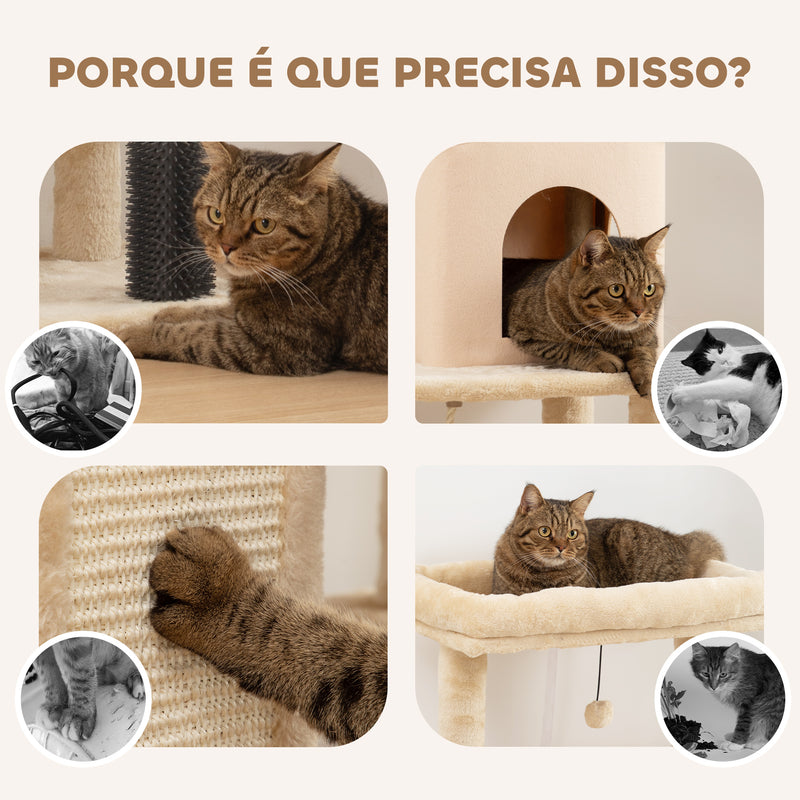 Arranhador para Gatos Grande Altura 132 cm Arranhador para Gatos com Plataformas Postes com Escova Bolas Suspensas e Almofadas para Arranhar Bege