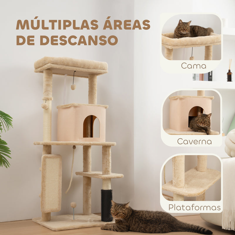 Arranhador para Gatos Grande Altura 132 cm Arranhador para Gatos com Plataformas Postes com Escova Bolas Suspensas e Almofadas para Arranhar Bege