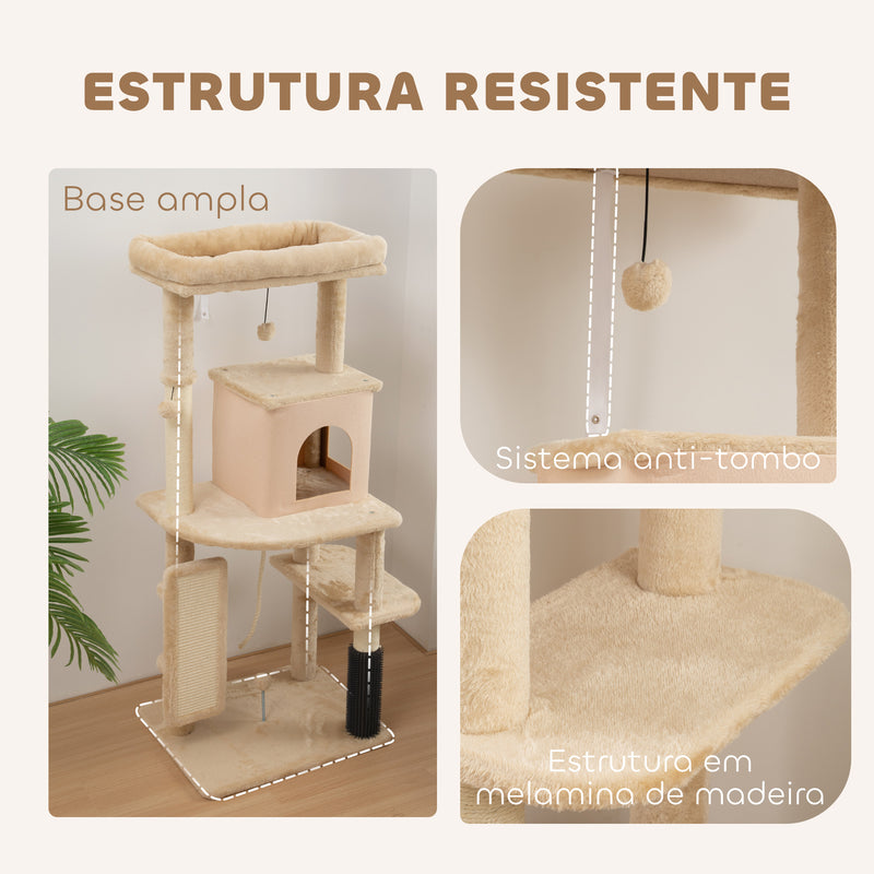 Arranhador para Gatos Grande Altura 132 cm Arranhador para Gatos com Plataformas Postes com Escova Bolas Suspensas e Almofadas para Arranhar Bege