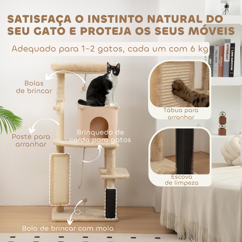 Arranhador para Gatos Grande Altura 132 cm Arranhador para Gatos com Plataformas Postes com Escova Bolas Suspensas e Almofadas para Arranhar Bege