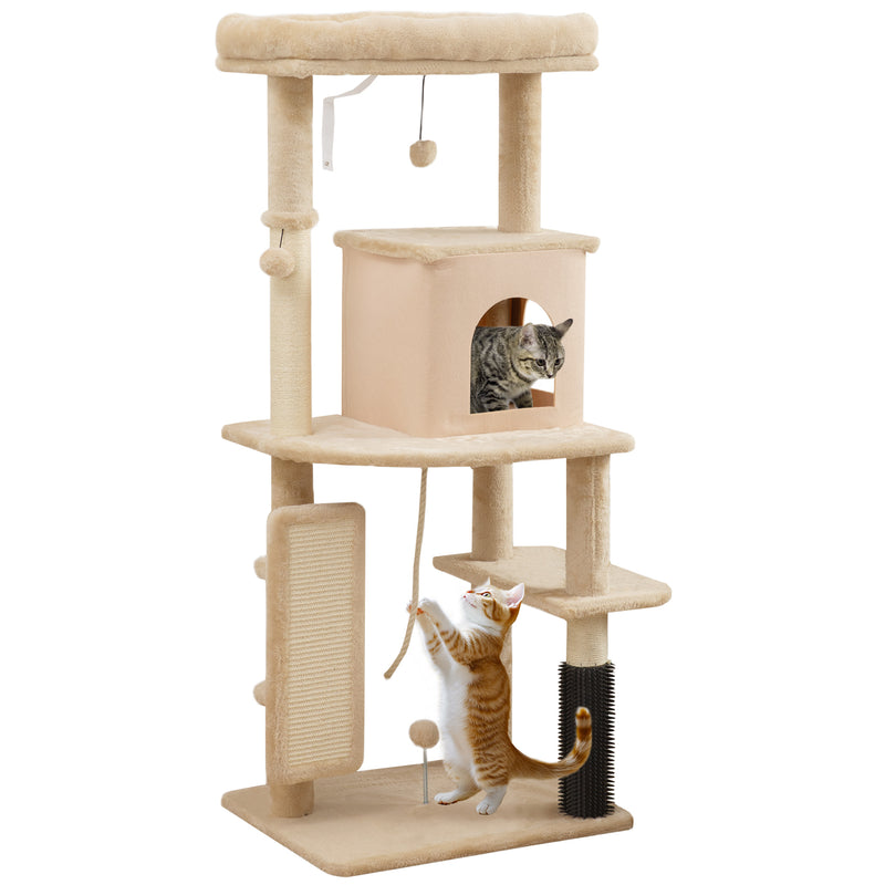 Arranhador para Gatos Grande Altura 132 cm Arranhador para Gatos com Plataformas Postes com Escova Bolas Suspensas e Almofadas para Arranhar Bege