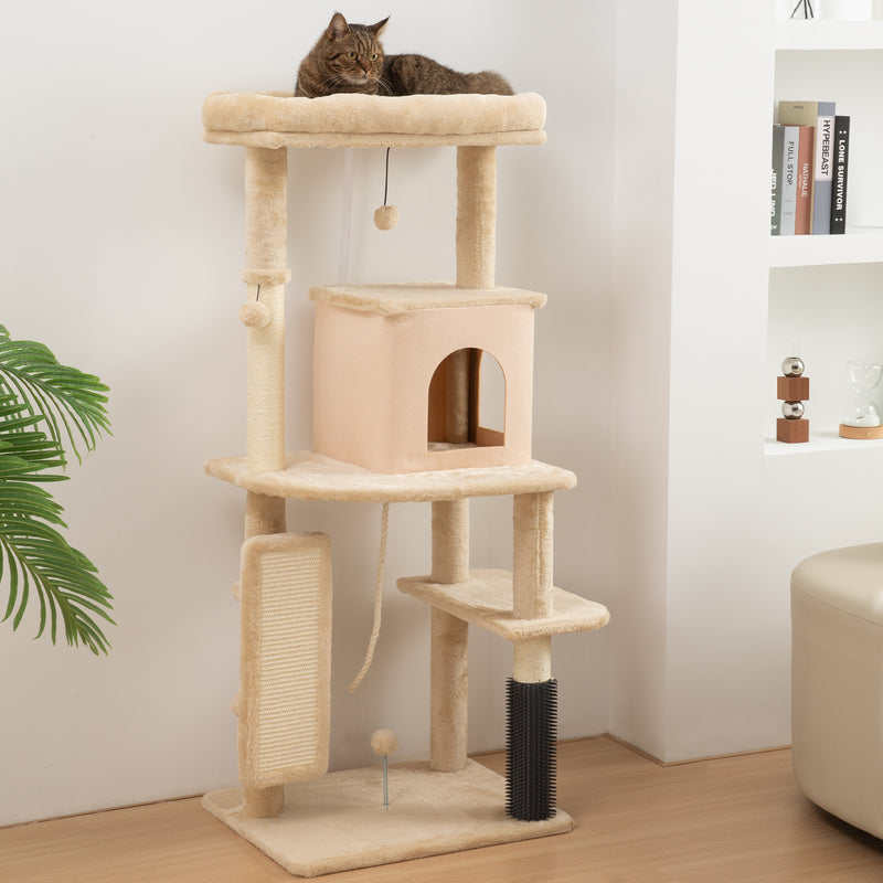 Arranhador para Gatos Grande Altura 132 cm Arranhador para Gatos com Plataformas Postes com Escova Bolas Suspensas e Almofadas para Arranhar Bege