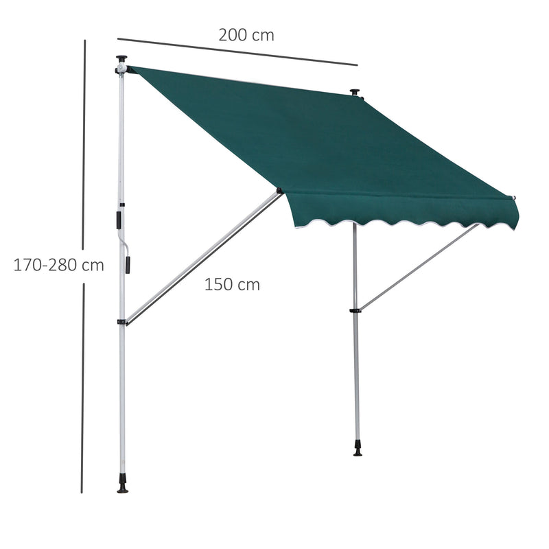 Toldo Manual Retrátil 200x150 cm com Manivela de Alumínio Ângulo Ajustável Proteção Solar para Varanda Jardim Pátio Verde