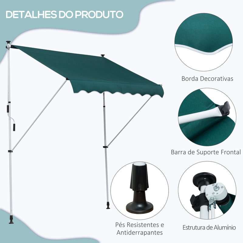 Toldo Manual Retrátil 200x150 cm com Manivela de Alumínio Ângulo Ajustável Proteção Solar para Varanda Jardim Pátio Verde