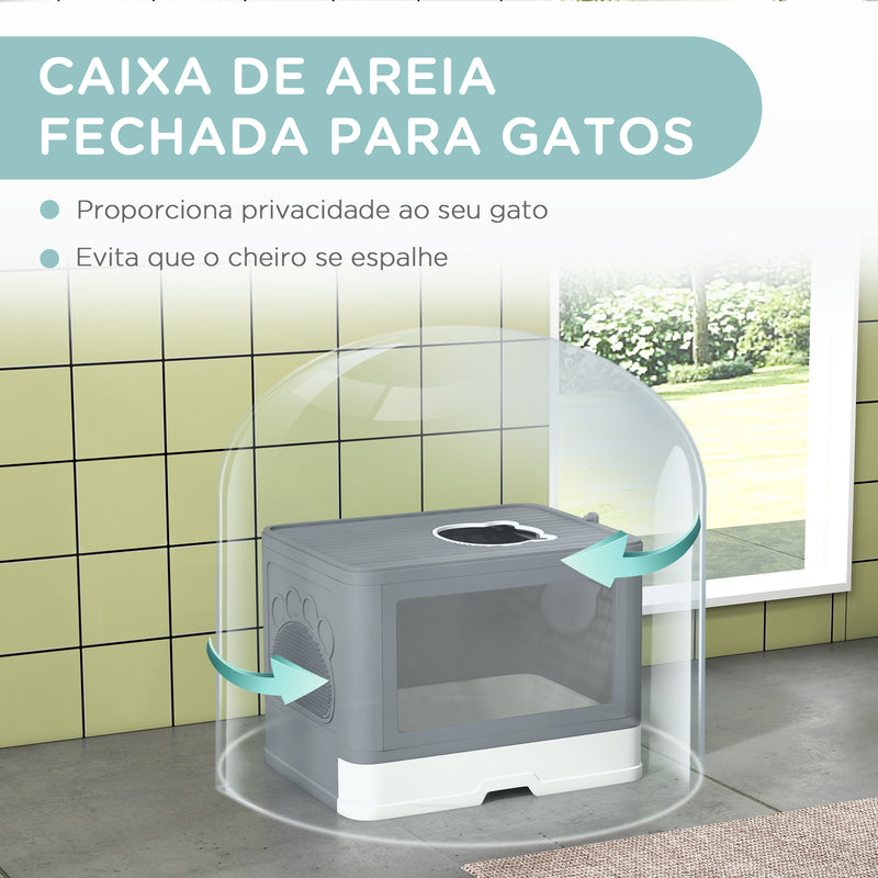 Caixa de Areia para Gatos com Saída Superior Caixa de Areia para Gatos Amovível com Caixa de Armazenamento Pá Escova 2 Portas Entrada Principal e Saída Superior 48,5x38x36,5 cm Cinza