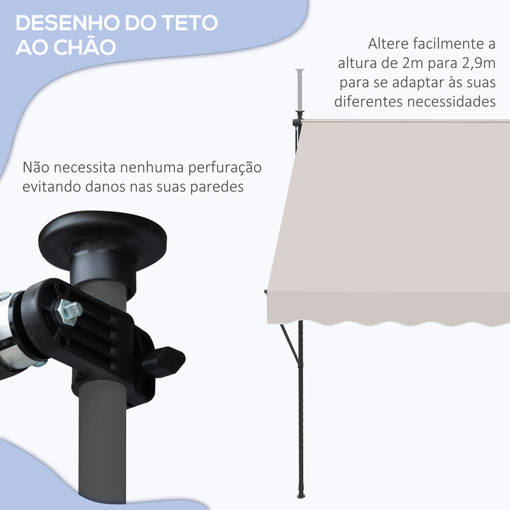 Toldo Manual Retrátil 200x170x200-290cm Toldo Ajustável com Manivela Proteção Solar UV40+ para Varanda Jardim Creme