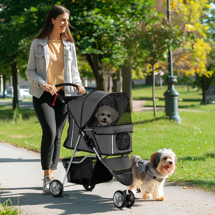 Carrinho para Animais de Estimação Dobrável Carrinho para Cães e Gatos com Rodas Giratórias Cesto e Suporte para Copos 75x45x97 cm Cinzento