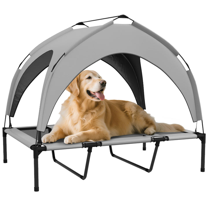 Cama Elevada para Cães com Toldo Cama para Cães Grandes Refrescante e Respirável 106x76x94 cm com Estrutura de Aço e Bolsa de Transporte para Interior e Exterior Cinzento Claro