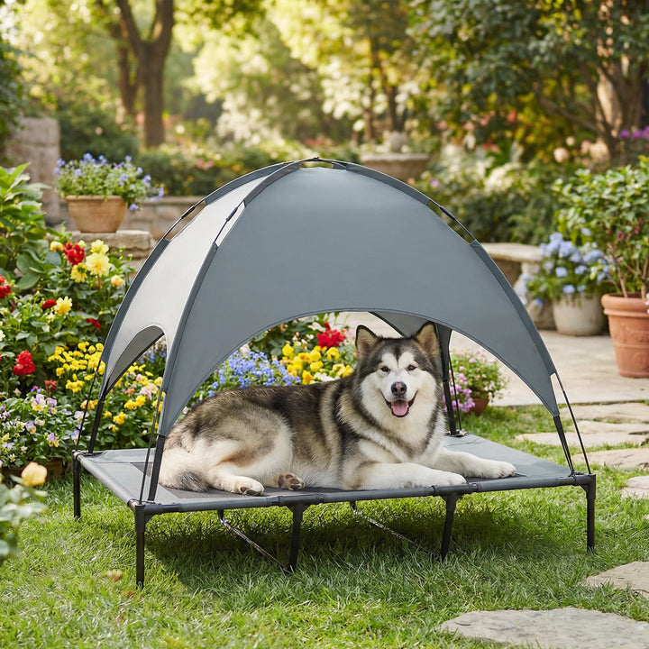 Cama elevada para animais de estimação Portátil com tecido respirável de toldo removível para interior e exterior 122x92x108 cm cinza