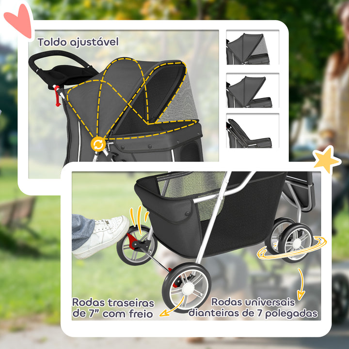 Carrinho para Cães Dobrável Carrinho para Cães Pequenos com Cesto de Arrumação Janelas em Rede Porta-Copos e Rodas Suporta 10 kg 77x44x102 cm Cinzento Escuro