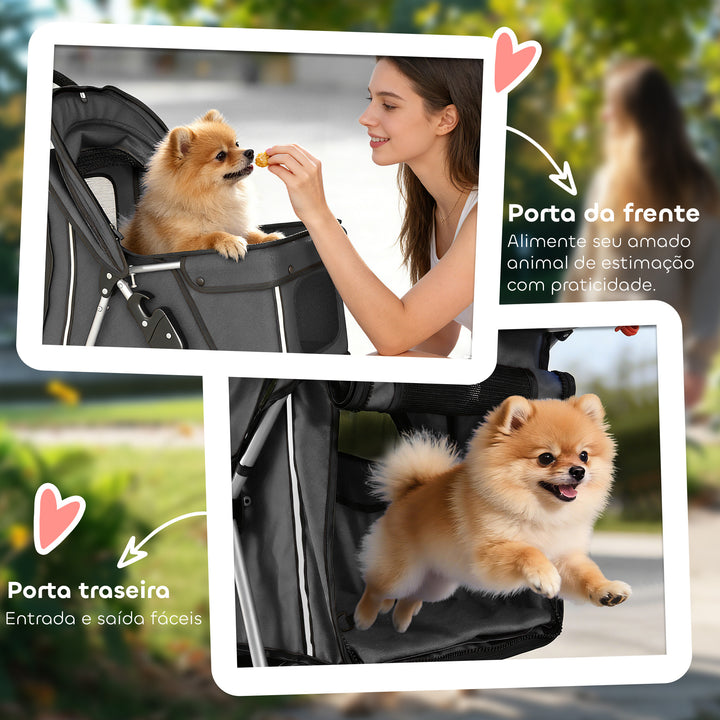 Carrinho para Cães Dobrável Carrinho para Cães Pequenos com Cesto de Arrumação Janelas em Rede Porta-Copos e Rodas Suporta 10 kg 77x44x102 cm Cinzento Escuro