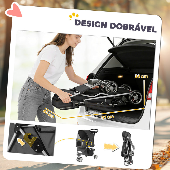Carrinho para Cães Dobrável Carrinho para Cães Pequenos com Cesto de Arrumação Janelas em Rede Porta-Copos e Rodas Suporta 10 kg 77x44x102 cm Cinzento Escuro