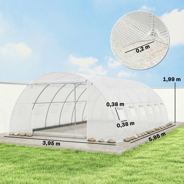 Estufa de Exterior 6x4x2 m, Estufa Tipo Túnel com 2 Barras de Suporte, Portas Enroláveis, Janelas com Rede, Cobertura de PE e Estrutura de Aço Galvanizado, Anti-UV, Impermeável, Branco