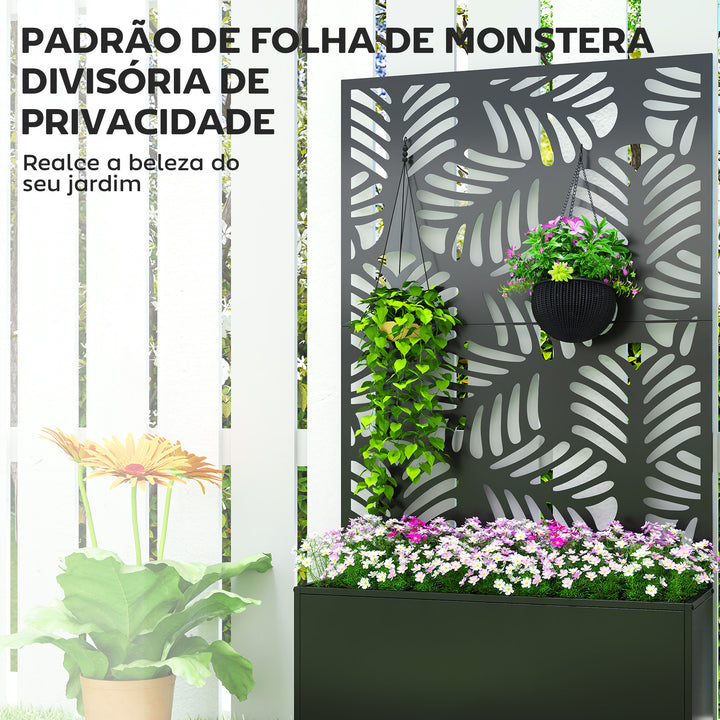 Floreira Exterior Grande de Metal com Roda Floreira com Painel de Privacidade com Folhas de Monstera Floreira com Suporte para Trepadeiras Pátio Terraço 90x30x160 cm, Preto