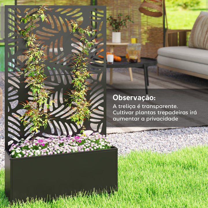 Floreira Exterior Grande de Metal com Roda Floreira com Painel de Privacidade com Folhas de Monstera Floreira com Suporte para Trepadeiras Pátio Terraço 90x30x160 cm, Preto