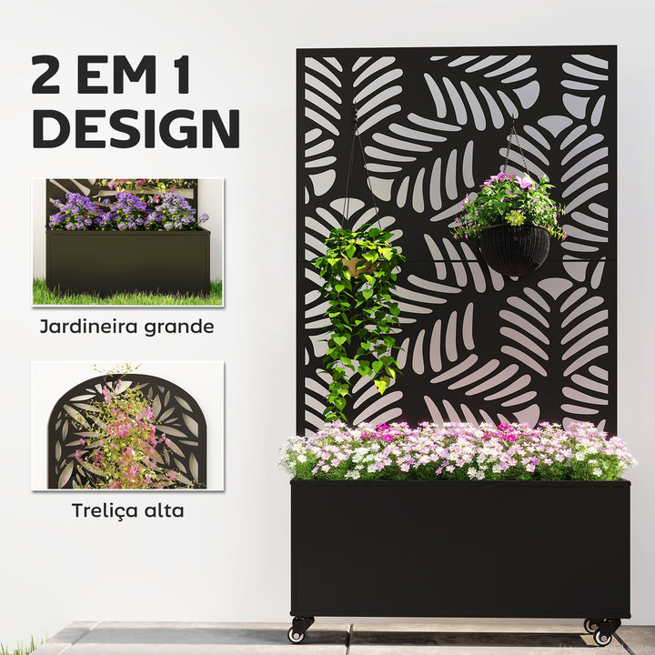 Floreira Exterior Grande de Metal com Roda Floreira com Painel de Privacidade com Folhas de Monstera Floreira com Suporte para Trepadeiras Pátio Terraço 90x30x160 cm, Preto