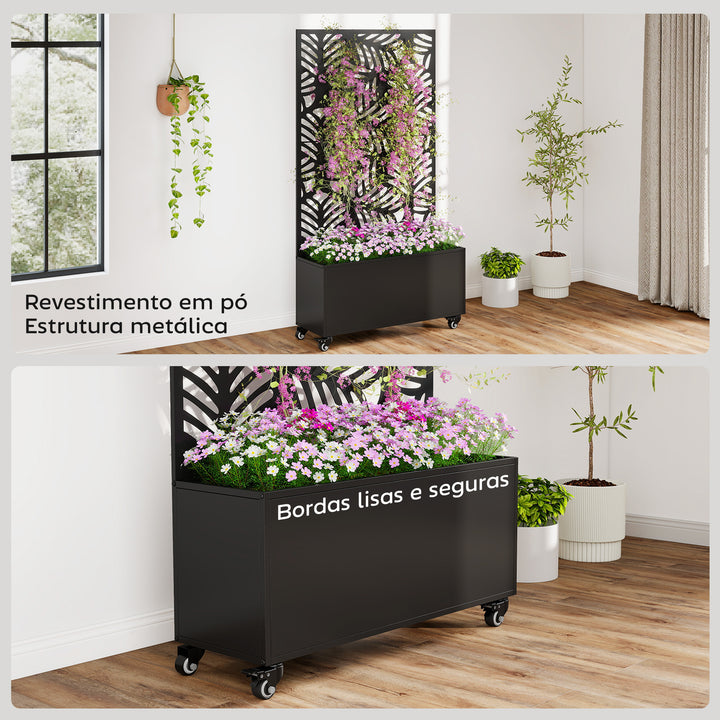 Floreira Exterior Grande de Metal com Roda Floreira com Painel de Privacidade com Folhas de Monstera Floreira com Suporte para Trepadeiras Pátio Terraço 90x30x160 cm, Preto