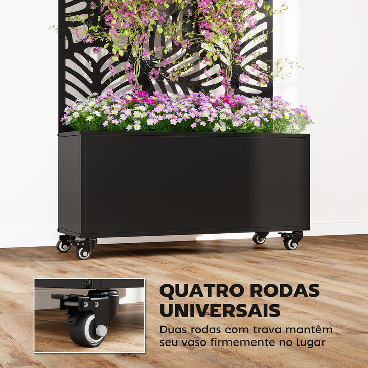 Floreira Exterior Grande de Metal com Roda Floreira com Painel de Privacidade com Folhas de Monstera Floreira com Suporte para Trepadeiras Pátio Terraço 90x30x160 cm, Preto