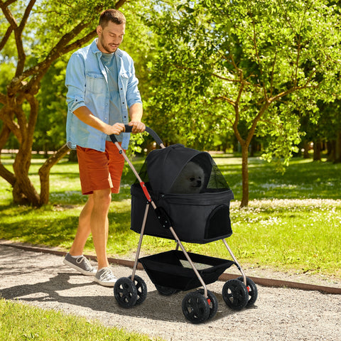 Carrinho para Cães Dobrável 3 em 1 Carrinho para Animais Carrinho para Cães Miniatura com Cesta de Armazenamento Janela de Malha Portacopos e 2 Rodas Universais 76x50x102 cm Preto