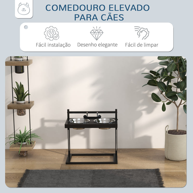 Comedouro Elevado para Cães Alimentador para Cães com 2 Tigelas de Aço Inoxidável com Altura Ajustável e 1 Peça de Metal com Formato de Osso 40,5x22x39 cm Preto