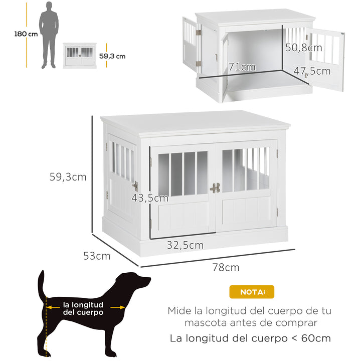Gaiola para Cães com Mesa Auxiliar Casa para Animais de Estimação Moderna com 3 Portas Francês e Fecho Magnético para Cães Pequenos 78x53x59,3 cm Branco