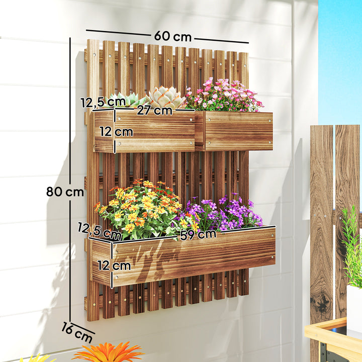 Floreira de Parede com Treliça Floreira Vertical de Madeira com 4 Vasos Móveis e Orifício de Drenagem para Jardim Varanda Pátio 60x16x80 cm Madeira Carbonizada