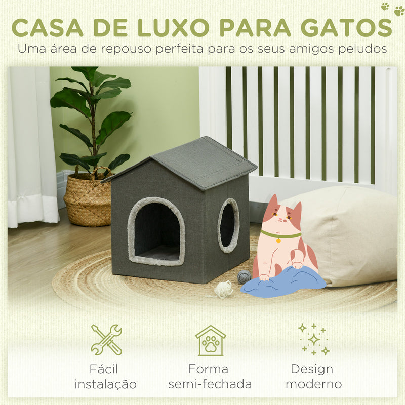 Casa para Gatos Cama para Gatos Caverna para Gatos com 2 portas e Almofada Lavável 39x43,5x40,5 cm Cinzento