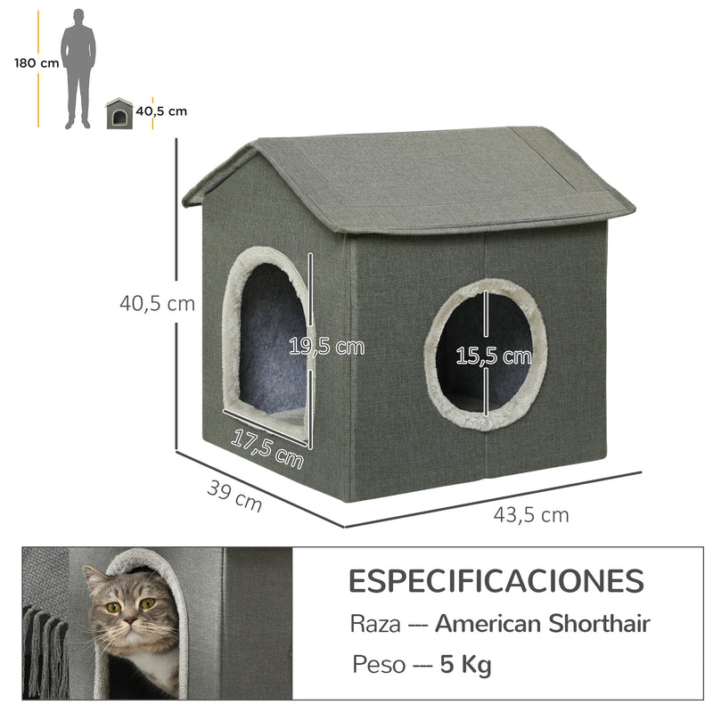 Casa para Gatos Cama para Gatos Caverna para Gatos com 2 portas e Almofada Lavável 39x43,5x40,5 cm Cinzento