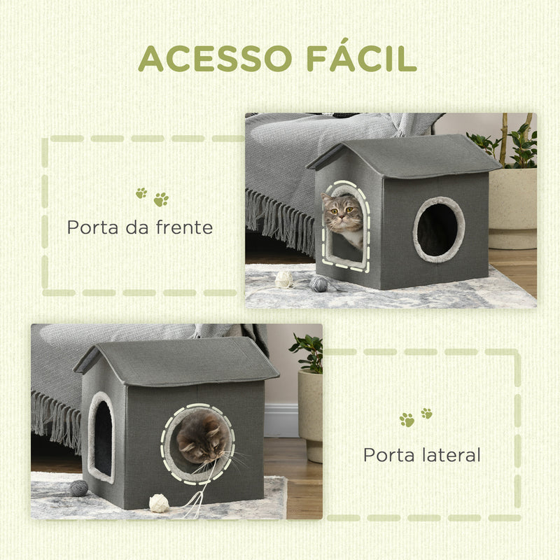 Casa para Gatos Cama para Gatos Caverna para Gatos com 2 portas e Almofada Lavável 39x43,5x40,5 cm Cinzento