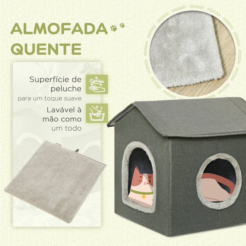 Casa para Gatos Cama para Gatos Caverna para Gatos com 2 portas e Almofada Lavável 39x43,5x40,5 cm Cinzento