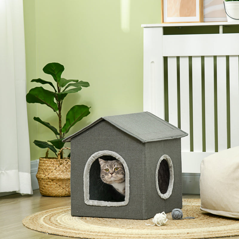 Casa para Gatos Cama para Gatos Caverna para Gatos com 2 portas e Almofada Lavável 39x43,5x40,5 cm Cinzento