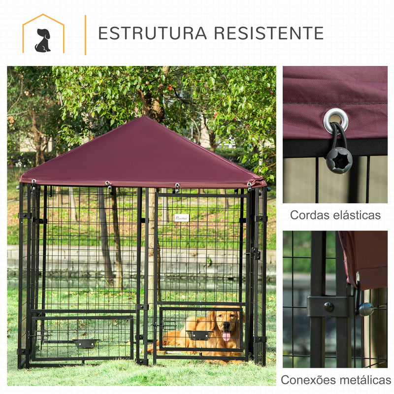 Parque para Cães com 8 Painéis Recinto para Cães Metálico de Exterior com 2 Suportes Giratórios para Comida 2 Tigelas e Toldo Impermeável e Anti-UV 141x141x153 cm Preto e Vermelho