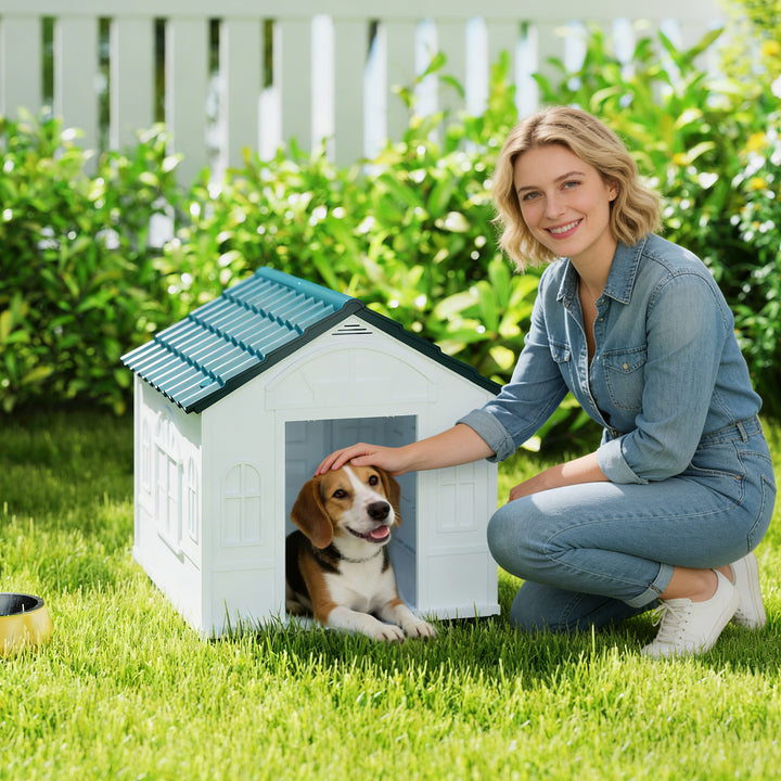 Casa para Cães 65x75,7x63 cm Casa para Cães com Janelas e Teto com Telhas de Imitação para Cães Médios Azul e Branco