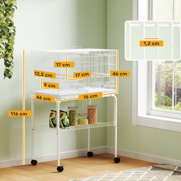 Gaiola para Pássaros com Divisória Gaiola com Rodas para Aves Papagaios Canários Gaiola para Aves com Comedouros Poleiros e Bandeja Removível, 76x46x116 cm Branco