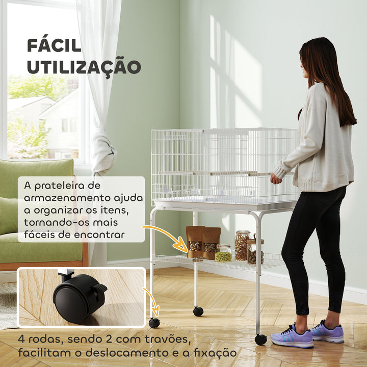Gaiola para Pássaros com Divisória Gaiola com Rodas para Aves Papagaios Canários Gaiola para Aves com Comedouros Poleiros e Bandeja Removível, 76x46x116 cm Branco