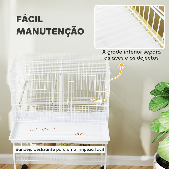 Gaiola para Pássaros com Divisória Gaiola com Rodas para Aves Papagaios Canários Gaiola para Aves com Comedouros Poleiros e Bandeja Removível, 76x46x116 cm Branco