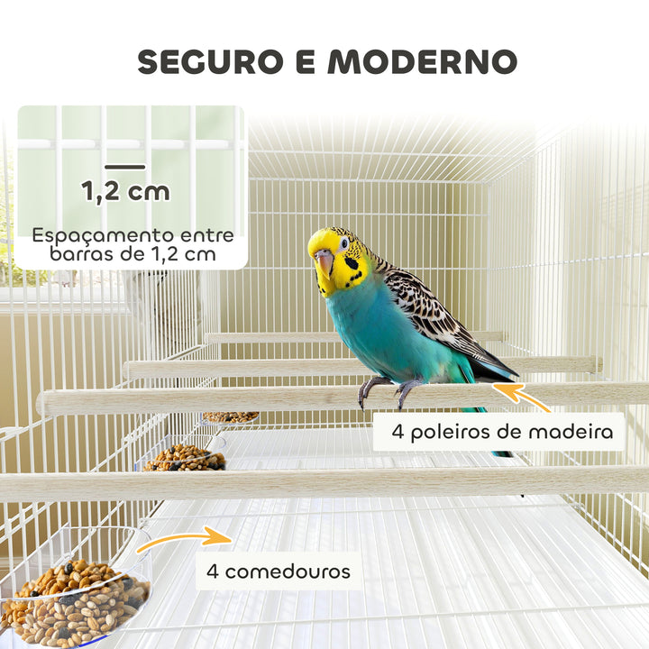 Gaiola para Pássaros com Divisória Gaiola com Rodas para Aves Papagaios Canários Gaiola para Aves com Comedouros Poleiros e Bandeja Removível, 76x46x116 cm Branco
