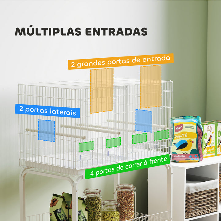 Gaiola para Pássaros com Divisória Gaiola com Rodas para Aves Papagaios Canários Gaiola para Aves com Comedouros Poleiros e Bandeja Removível, 76x46x116 cm Branco