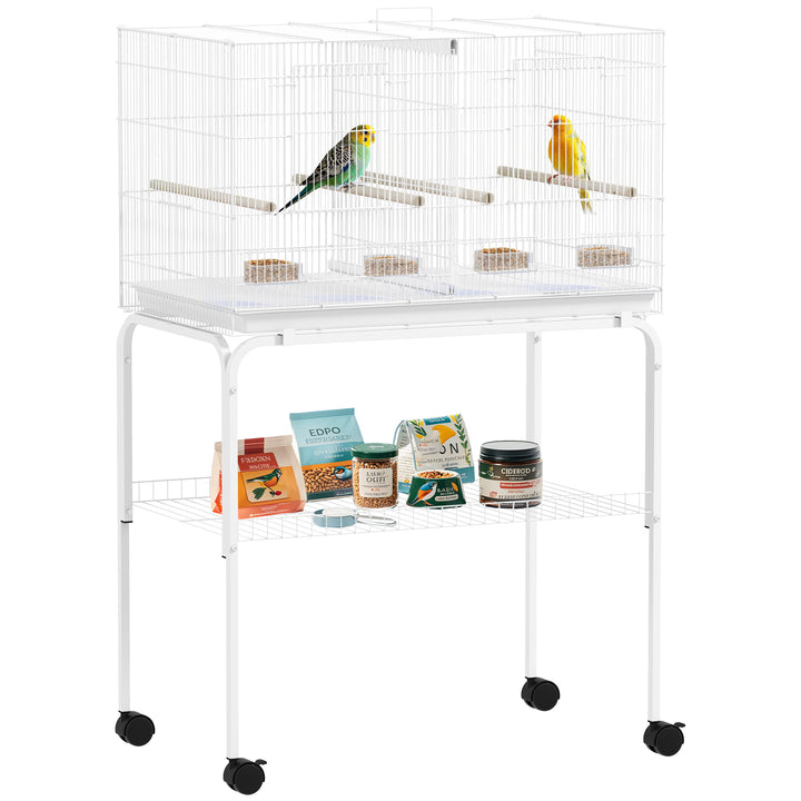Gaiola para Pássaros com Divisória Gaiola com Rodas para Aves Papagaios Canários Gaiola para Aves com Comedouros Poleiros e Bandeja Removível, 76x46x116 cm Branco
