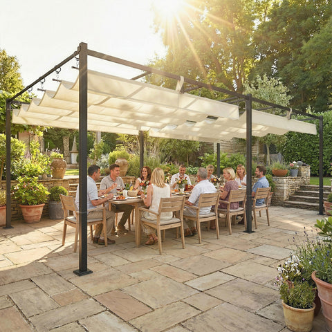 Pérgola de Jardim 6x3 m com Telhado Retrátil, Pavilhão de Jardim com Proteção UPF50+, Drenagem, Estrutura Metálica, para Terraço, Pátio, Exterior, Creme