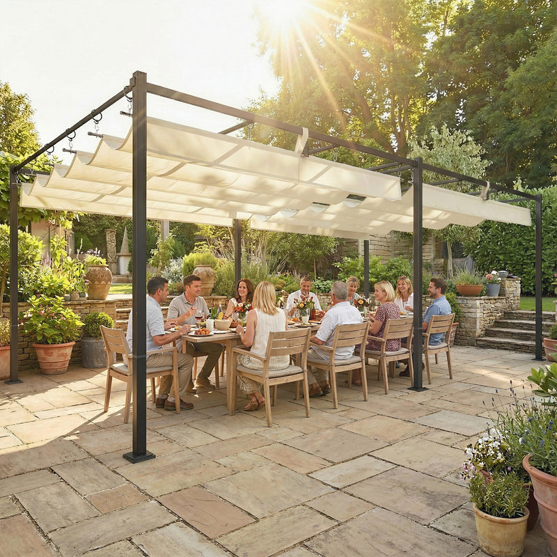 Pérgola de Jardim 6x3 m com Telhado Retrátil, Pavilhão de Jardim com Proteção UPF50+, Drenagem, Estrutura Metálica, para Terraço, Pátio, Exterior, Creme