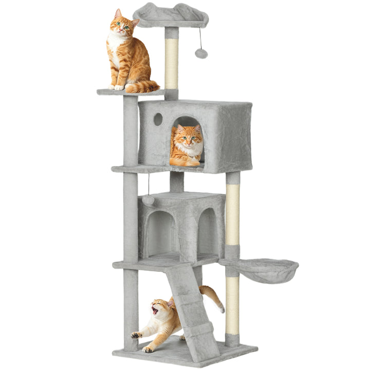 Arranhador para Gatos 160 cm Torre de Escalada com Múltiplas Plataformas Cama 2 Cavernas Rede Escada Postes de Sisal Bolas para Brincar Cinzento Claro