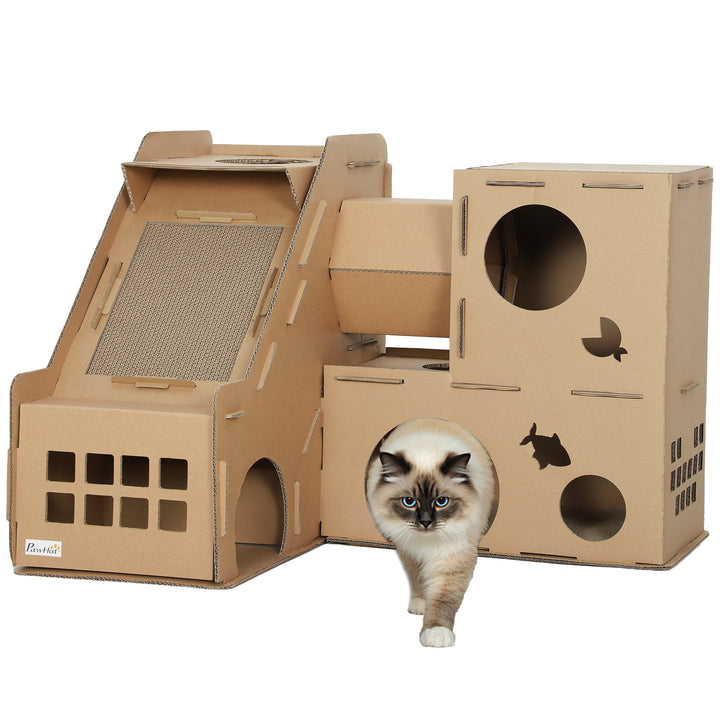 Casa para Gatos de Cartão Forma de Castelo Arranhador para Gatos de 2 Níveis com 3 Zonas de Arranhar Túnel, Rampa Inclui Erva para Interior 78x66x57 cm Castanho