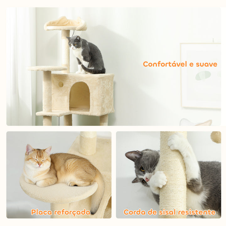 Arranhador para Gatos 160 cm Torre de Escalada com Múltiplas Plataformas Cama 2 Cavernas Rede Escada Postes de Sisal Bolas para Brincar Bege