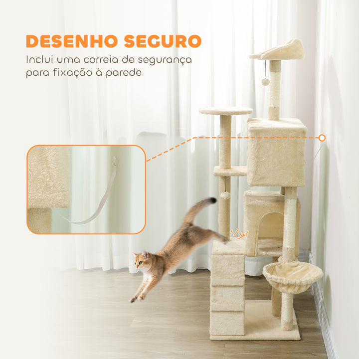 Arranhador para Gatos 160 cm Torre de Escalada com Múltiplas Plataformas Cama 2 Cavernas Rede Escada Postes de Sisal Bolas para Brincar Bege