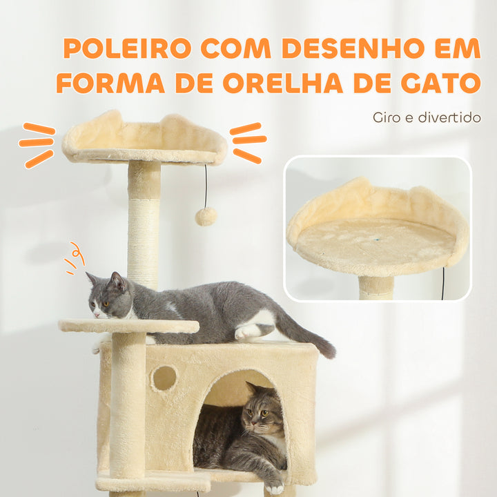 Arranhador para Gatos 160 cm Torre de Escalada com Múltiplas Plataformas Cama 2 Cavernas Rede Escada Postes de Sisal Bolas para Brincar Bege